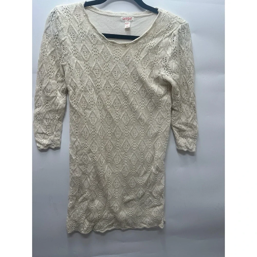 Cat & Jack Girls' Ivory 3/4 Sleeve Shine Crochet Sweater Dress XL (14/16)‎